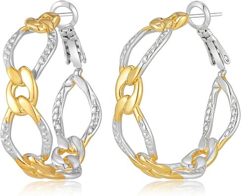 Gold and Silver Hoop Earrings for Women Two Tone Chain Hoop Earrings 30mm Big Hoops 14K Gold Plated Trendy Twisted Cable Earring Lightweight Mixed Metal Jewelry in Kuwait