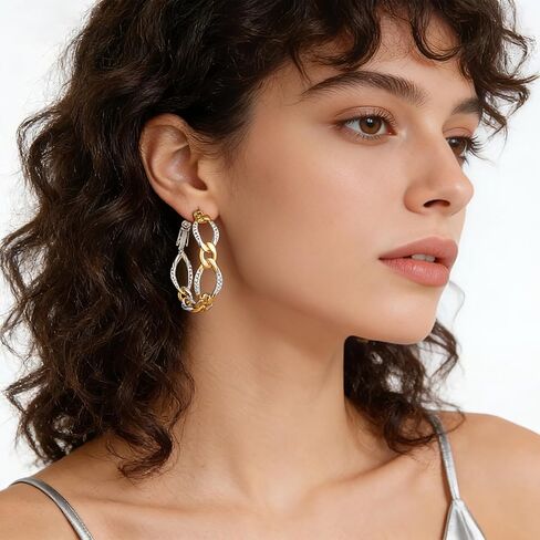 Gold and Silver Hoop Earrings for Women Two Tone Chain Hoop Earrings 30mm Big Hoops 14K Gold Plated Trendy Twisted Cable Earring Lightweight Mixed Metal Jewelry in Kuwait