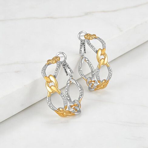 Gold and Silver Hoop Earrings for Women Two Tone Chain Hoop Earrings 30mm Big Hoops 14K Gold Plated Trendy Twisted Cable Earring Lightweight Mixed Metal Jewelry in Kuwait