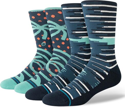 Stance x Dwayne Wade Collection Casual Crew 2-Pack Striped-Palm Tree Seared Socks, Multicolor (Navy-Aqua-Light Blue, Black), Large (9-12), A55523SER in Kuwait