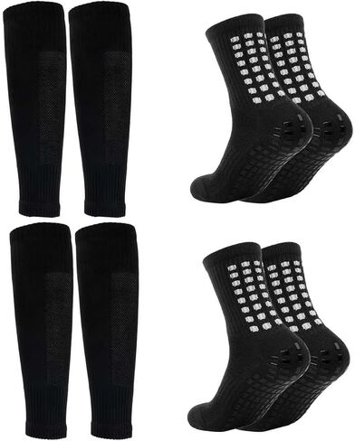 2 Set Grip Soccer Socks and Shin Guard Sleeves Non Slip Soccer Sports Athletic Leg Sleeve Socks for Men Women in Saudi Arabia