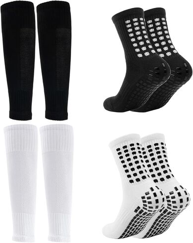2 Set Grip Soccer Socks and Shin Guard Sleeves Non Slip Soccer Sports Athletic Leg Sleeve Socks for Men Women in Saudi Arabia
