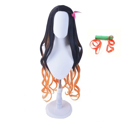 Long Wavy Black and Orange Wig with Gag Ribbon Fangs for Women and Girls (Kamado Nezuko) in Kuwait
