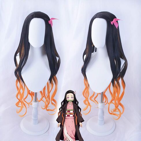 Long Wavy Black and Orange Wig with Gag Ribbon Fangs for Women and Girls (Kamado Nezuko) in Kuwait
