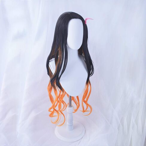 Long Wavy Black and Orange Wig with Gag Ribbon Fangs for Women and Girls (Kamado Nezuko) in Kuwait