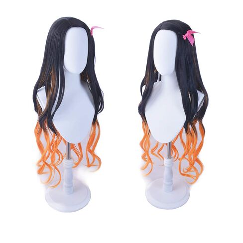 Long Wavy Black and Orange Wig with Gag Ribbon Fangs for Women and Girls (Kamado Nezuko) in Kuwait