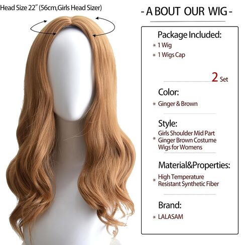 Girls Costume Wigs, 21 Inch Shoulder Length Wavy Curly Middle Part Ginger Color Wigs for Women, Synthetic Fiber, Small Head Size 52cm in Saudi Arabia
