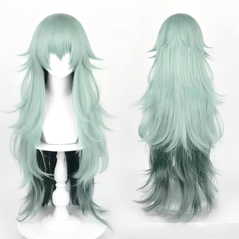 Joaquin Long Layered Gradient Green Cosplay Wig with Bangs for Women Adult Theme Parties Video Shoots Anime Event Costume Hair in Kuwait