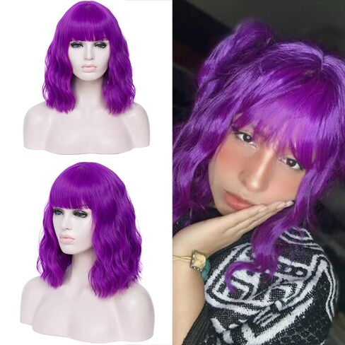 14" Short Dark Blue Curly Wig For Women Girls Heat Resistant Fiber Wigs Halloween Cosplay Daily Party+Cap (Dark Blue) in Saudi Arabia