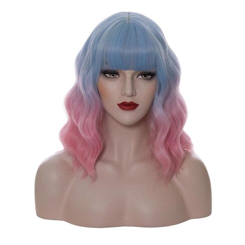 14" Short Dark Blue Curly Wig For Women Girls Heat Resistant Fiber Wigs Halloween Cosplay Daily Party+Cap (Dark Blue) in Saudi Arabia