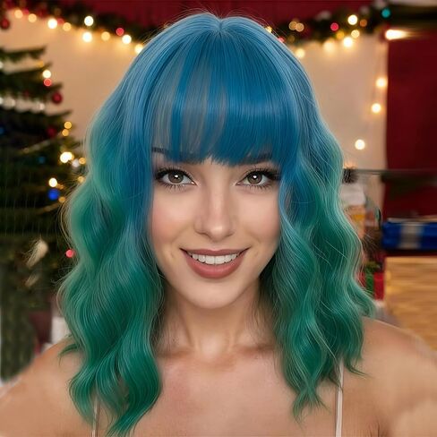 14" Short Dark Blue Curly Wig For Women Girls Heat Resistant Fiber Wigs Halloween Cosplay Daily Party+Cap (Dark Blue) in Saudi Arabia