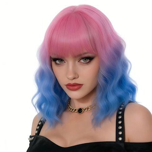 14" Short Dark Blue Curly Wig For Women Girls Heat Resistant Fiber Wigs Halloween Cosplay Daily Party+Cap (Dark Blue) in Saudi Arabia