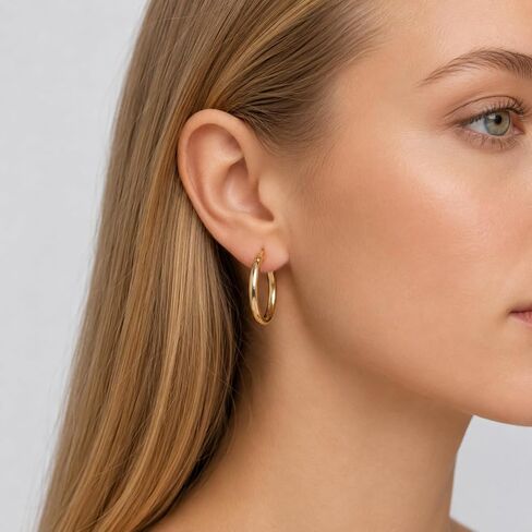 14K Gold Hoop Earrings for Women Lightweight Round Huggie Style Minimalist Everyday Jewelry 20mm/25mm/30mm in Kuwait