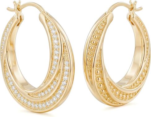 14K Gold Hoop Earrings for Women, Twisted Double-Row Hoop Earrings with Pave Cubic Zirconia, Lightweight Chunky Huggie Hoops Jewelry Gift, 22mm / 25mm in Saudi Arabia