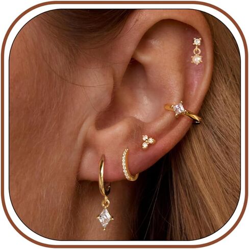 5 Pairs Gold Earring Stacks, 14K Gold Plated Stud Stack Earrings Set Dainty Cartilage Dangle Earrings For Sensitive Ears Women Trendy Cute Small Hoop Drop Earring Hypoallergenic Non Tarnish Jewelry in Saudi Arabia