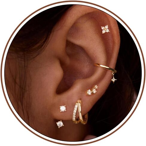 5 Pairs Gold Earring Stacks, 14K Gold Plated Stud Stack Earrings Set Dainty Cartilage Dangle Earrings For Sensitive Ears Women Trendy Cute Small Hoop Drop Earring Hypoallergenic Non Tarnish Jewelry in Saudi Arabia