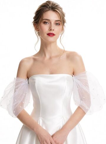 2 Pcs Detachable Sleeves for Wedding Dresses Bridal Tulle Pearl Sleeves for Wedding Prom Evening Gowns in Kuwait