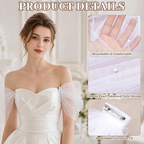 2 Pcs Detachable Sleeves for Wedding Dresses Bridal Tulle Pearl Sleeves for Wedding Prom Evening Gowns in Kuwait