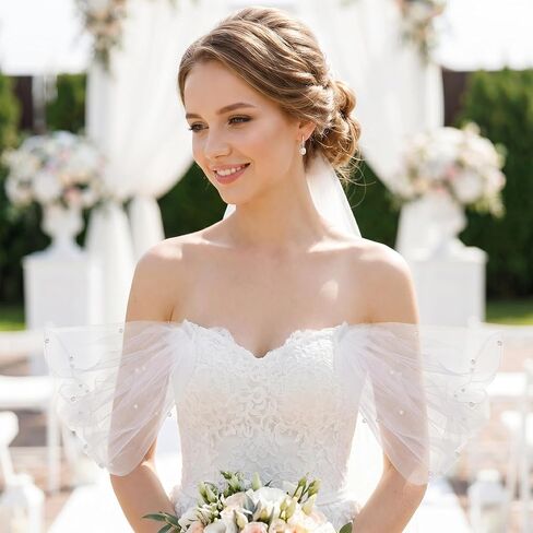 2 Pcs Detachable Sleeves for Wedding Dresses Bridal Tulle Pearl Sleeves for Wedding Prom Evening Gowns in Kuwait