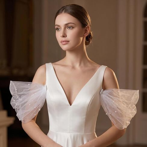 2 Pcs Detachable Sleeves for Wedding Dresses Bridal Tulle Pearl Sleeves for Wedding Prom Evening Gowns in Kuwait