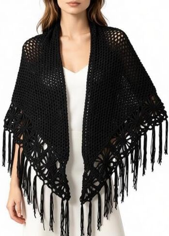 55x25in Handmade Black Fringed Shawl – Fully Hand-Crocheted, Suitable for Both Casual & Formal Occasions, an Ideal Gift Choice in Saudi Arabia