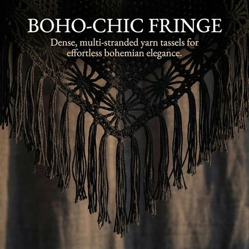 55x25in Handmade Black Fringed Shawl – Fully Hand-Crocheted, Suitable for Both Casual & Formal Occasions, an Ideal Gift Choice in Saudi Arabia