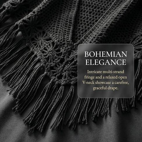 55x25in Handmade Black Fringed Shawl – Fully Hand-Crocheted, Suitable for Both Casual & Formal Occasions, an Ideal Gift Choice in Saudi Arabia