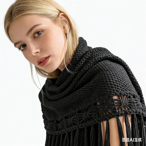 55x25in Handmade Black Fringed Shawl – Fully Hand-Crocheted, Suitable for Both Casual & Formal Occasions, an Ideal Gift Choice in Saudi Arabia