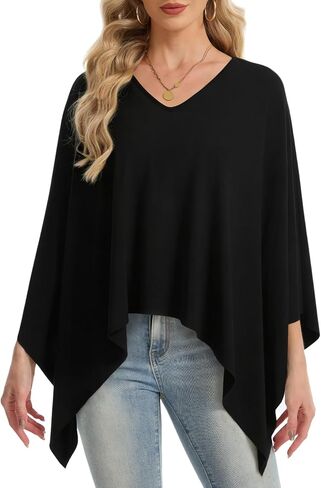 Women's V Neck Poncho Top with Built-In Liner, Lightweight Knit Shawl Wrap Asymmetrical Casual Loose Fit Blouse in Saudi Arabia