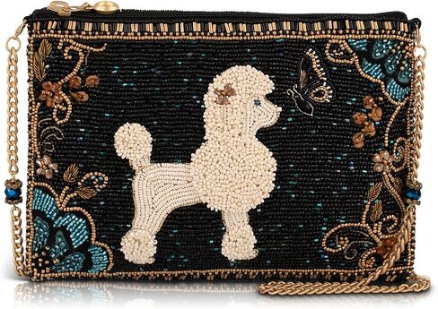 MARY FRANCES Pet Me Crossbody Mini Bag – Hand Beaded Poodle Dog Evening Bag with Floral & Butterfly Design, Black Designer Crossbody Clutch with Removable Chain Strap, Women’s Cute Statement Pet Bag in Kuwait