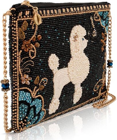 MARY FRANCES Pet Me Crossbody Mini Bag – Hand Beaded Poodle Dog Evening Bag with Floral & Butterfly Design, Black Designer Crossbody Clutch with Removable Chain Strap, Women’s Cute Statement Pet Bag in Kuwait