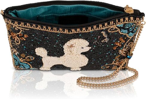 MARY FRANCES Pet Me Crossbody Mini Bag – Hand Beaded Poodle Dog Evening Bag with Floral & Butterfly Design, Black Designer Crossbody Clutch with Removable Chain Strap, Women’s Cute Statement Pet Bag in Kuwait