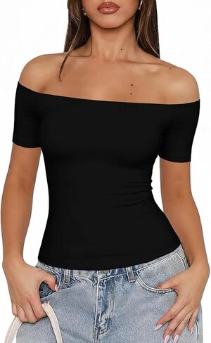 Fisoew Off The Shoulder Tops for Women - Going Out Summer Short Sleeve Shirts Cute Y2k Sexy 2026 Date Basic Outfits in Kuwait