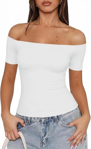 Fisoew Off The Shoulder Tops for Women - Going Out Summer Short Sleeve Shirts Cute Y2k Sexy 2026 Date Basic Outfits in Kuwait