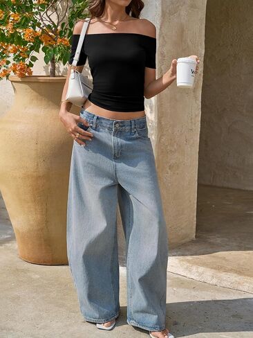 Fisoew Off The Shoulder Tops for Women - Going Out Summer Short Sleeve Shirts Cute Y2k Sexy 2026 Date Basic Outfits in Kuwait