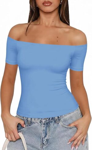 Fisoew Off The Shoulder Tops for Women - Going Out Summer Short Sleeve Shirts Cute Y2k Sexy 2026 Date Basic Outfits in Kuwait