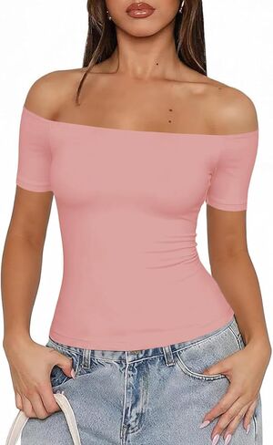 Fisoew Off The Shoulder Tops for Women - Going Out Summer Short Sleeve Shirts Cute Y2k Sexy 2026 Date Basic Outfits in Kuwait