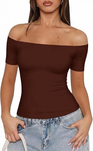 Fisoew Off The Shoulder Tops for Women - Going Out Summer Short Sleeve Shirts Cute Y2k Sexy 2026 Date Basic Outfits in Kuwait
