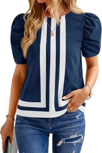 Cicy Bell Womens Summer Puff Sleeve Blouses Striped Color Block Cropped Tops Casual Round Neck Shirts in Kuwait