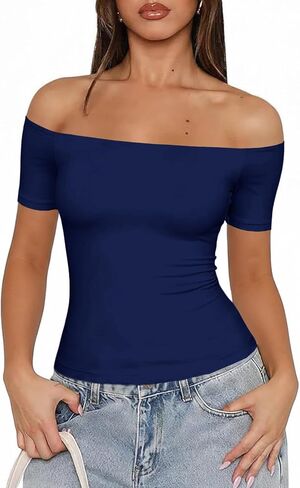 Fisoew Off The Shoulder Tops for Women - Going Out Summer Short Sleeve Shirts Cute Y2k Sexy 2026 Date Basic Outfits in Kuwait