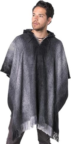 Gamboa - Hooded Alpaca Poncho - White with Stripes and Fringes in Kuwait