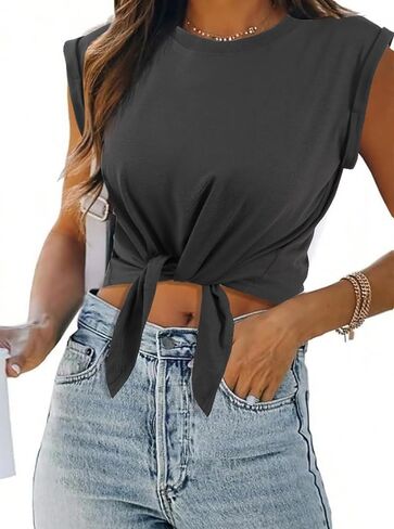 SOFIA'S CHOICE Women Summer Tie Front Crop Tops Crewneck Cap Sleeve Ruched T-Shirt Tops in Kuwait