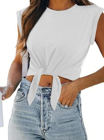 SOFIA'S CHOICE Women Summer Tie Front Crop Tops Crewneck Cap Sleeve Ruched T-Shirt Tops in Kuwait