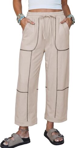 SCUSTY Womens Cropped Wide Leg Pants Drawstring Elastic High Waist Sweatpants with Pockets in Saudi Arabia