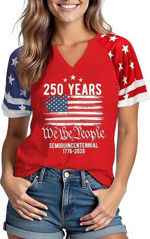 4th of July Shirts Women American Flag Fireworks Graphic Shirt USA Color-Blocking T-Shirt Patriotic V Neck Tee Tops in Saudi Arabia