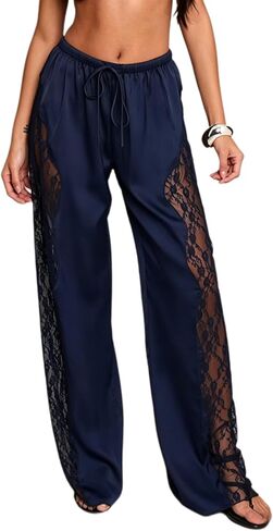 Chvity Women's Satin Lace Wide Leg Pants - Sheer Flowy Elegant Trousers for Party Night Out in Kuwait