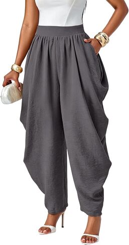 Famnbro Womens Barrel Work Pants Pleated Elastic Waist Wide Leg Casual Beach Travel Slacks Palazzo Harem Summer Trousers in Saudi Arabia