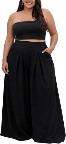 Plus Size Palazzo Pants for Women Wide Leg High Waisted Trousers with Pockets Flowy Casual Lounge Travel Wear for Curvy Fit in Saudi Arabia