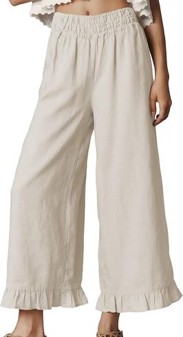 Women's Wide Leg Pants High Waist Ruffle Hem Casual Loose Cropped Trousers Solid Color Lightweight Daily Lounge in Kuwait