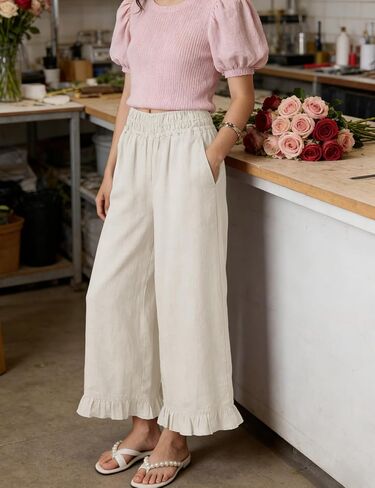 Women's Wide Leg Pants High Waist Ruffle Hem Casual Loose Cropped Trousers Solid Color Lightweight Daily Lounge in Kuwait